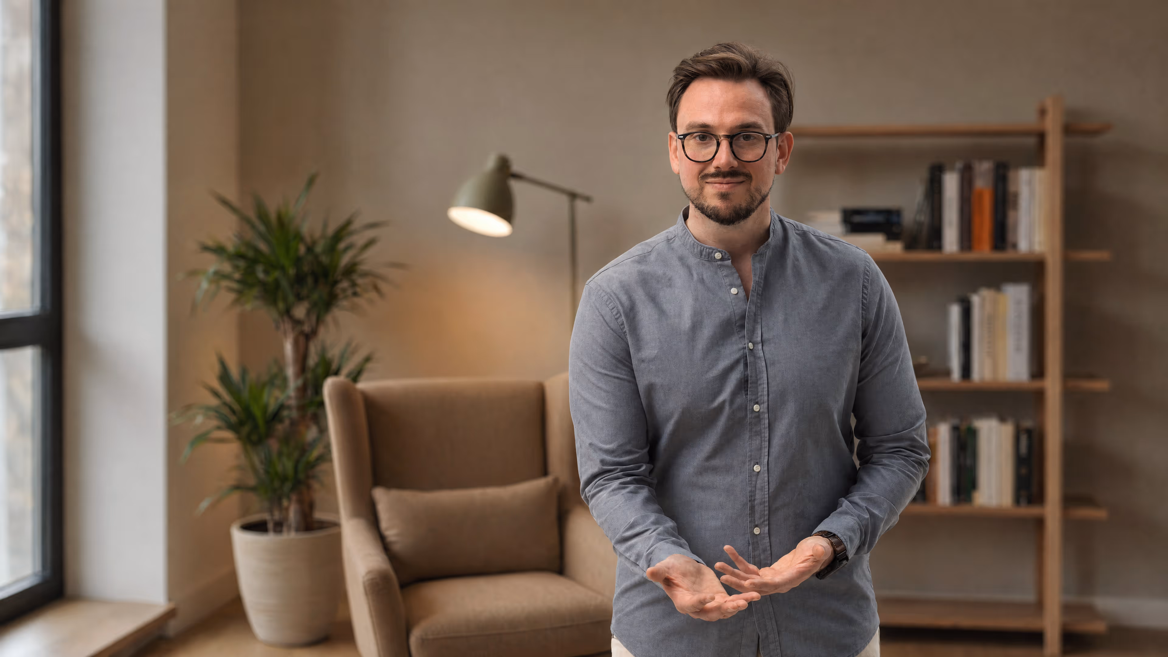 Einladend wirkender Therapeut in heller Praxis mit offener Handgeste, symbolisch für Vertrauen, psychologische Begleitung und persönliche Unterstützung.