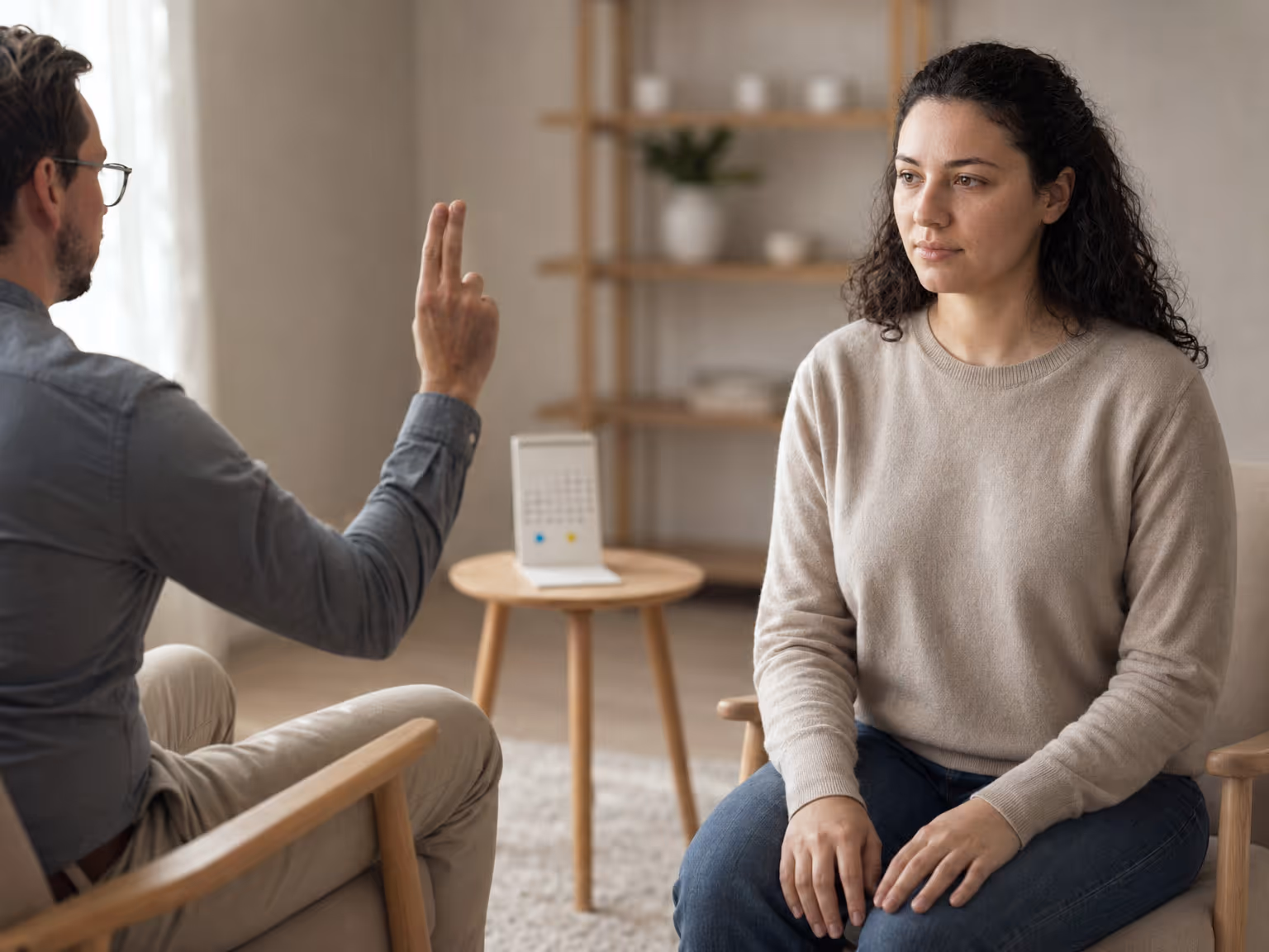 Frau sitzt aufmerksam in einer ruhigen Therapiesitzung gegenüber einem Therapeuten, der eine Handbewegung ausführt. Die entspannte Umgebung vermittelt Vertrauen, Konzentration und emotionale Unterstützung.